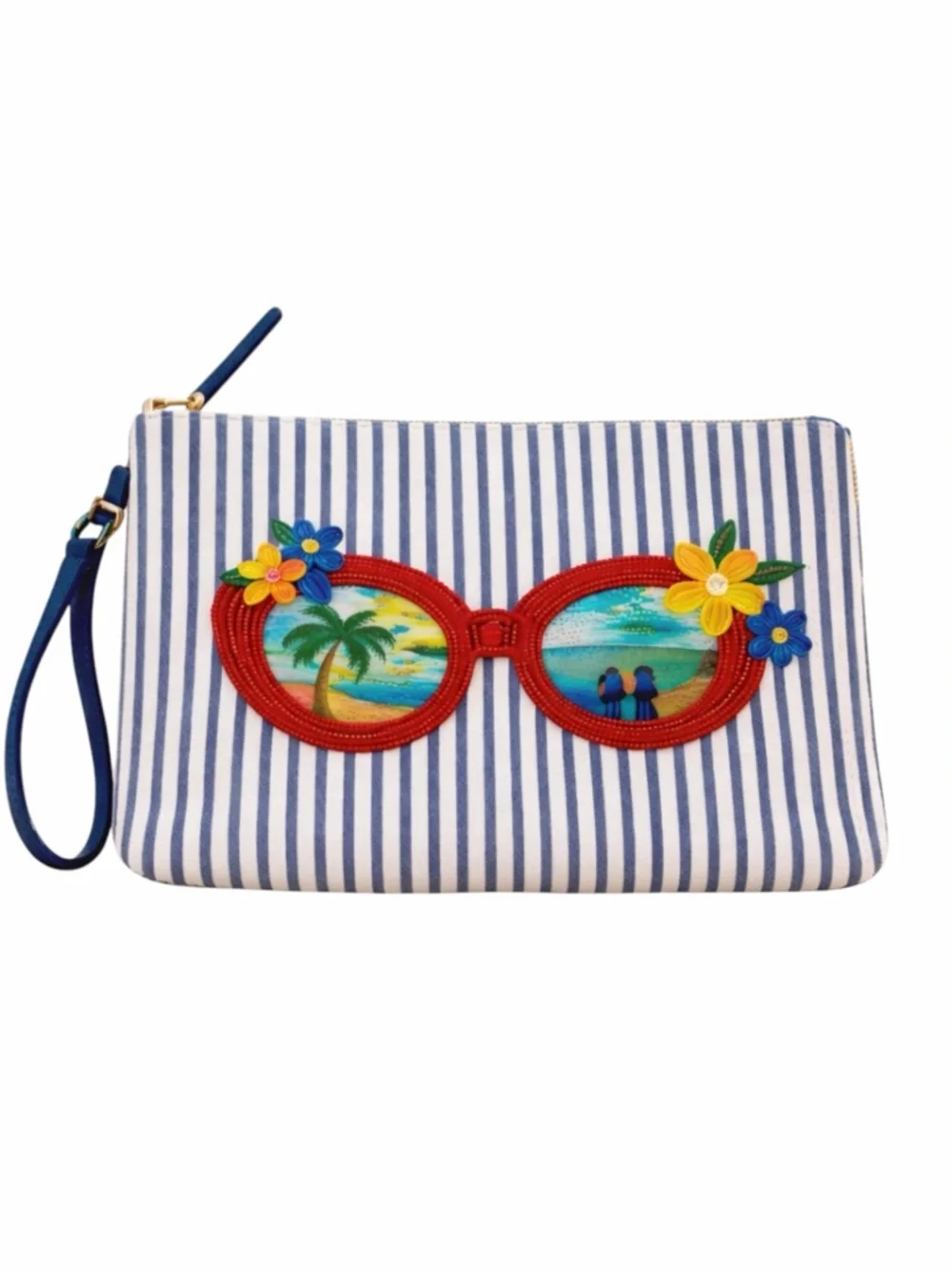 Talbots Beaded Sunglasses Wristlet Clutch | Blue Stripe Coastal Beach Bag Summer - Picture 2 of 5